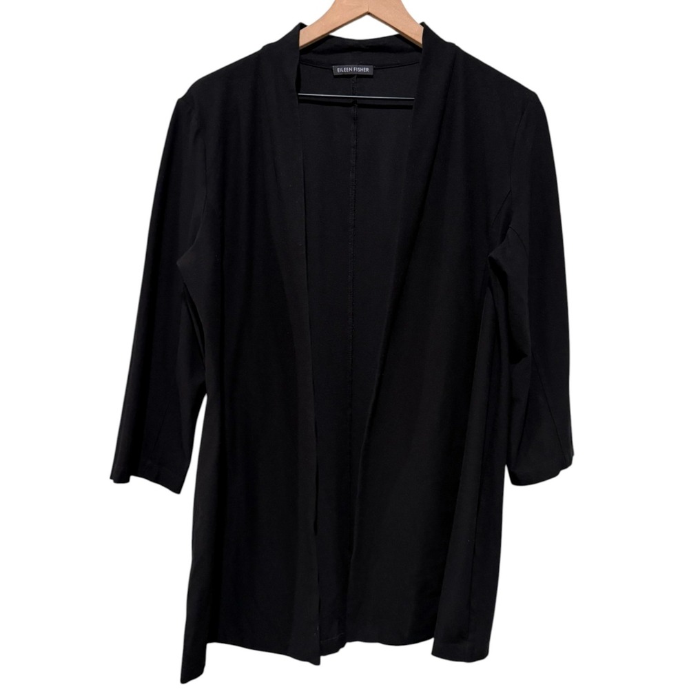 Eileen Fisher Cardigan Washable Crepe‎ Viscose Open Front Black Sz L Stretch